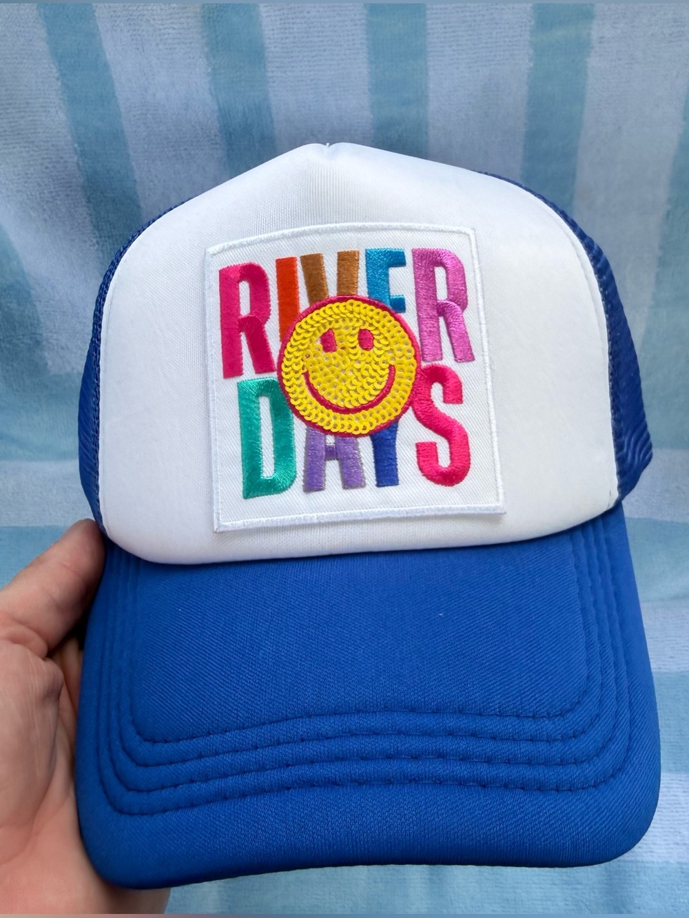 Blue & White 'River Days' Trucker Hat with Smile Patch